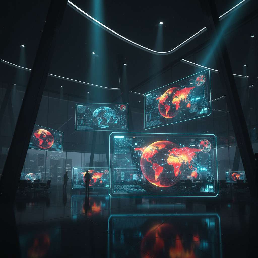 Sala de control tecnológica moderna con pantallas holográficas que muestran mapas globales del mundo y redes de datos en un entorno futurista.