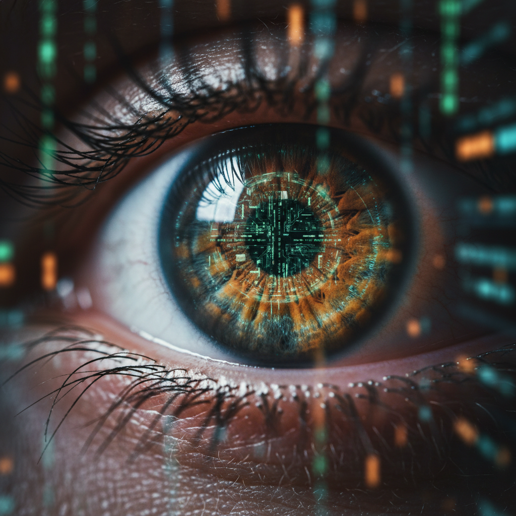 Primer plano de un ojo humano con un iris de color marrón dorado que presenta un efecto visual de circuito electrónico digital y datos informáticos.