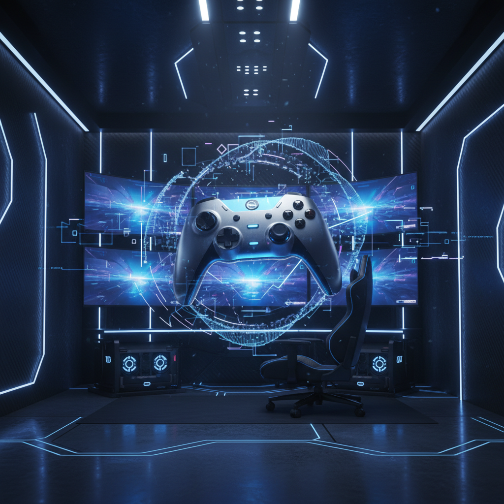 Mando de videojuegos flotante en un centro de control futurista con pantallas digitales.