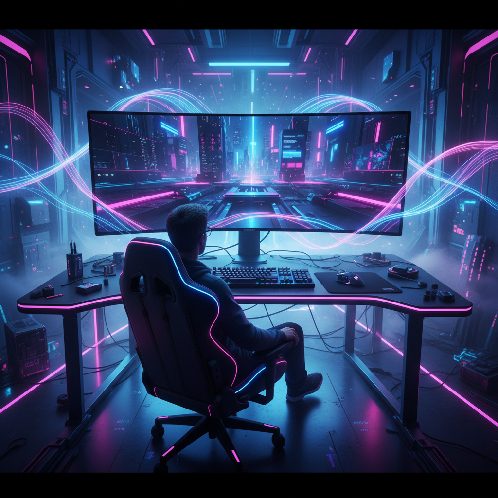 Persona sentada frente a un monitor curvo ultra ancho en un escritorio con iluminación LED de estilo gamer en una habitación futurista.