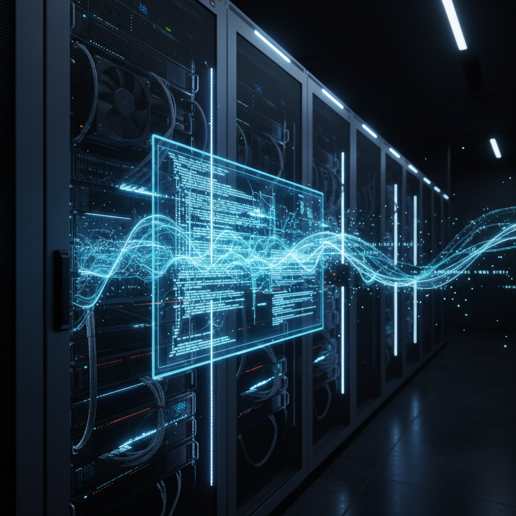 Centro de procesamiento de datos con servidores y visualización holográfica de flujo de datos.