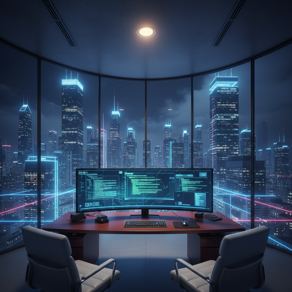 Oficina moderna con escritorio de madera frente a un monitor curvo con código de programación y vistas panorámicas de una ciudad futurista iluminada de noche.