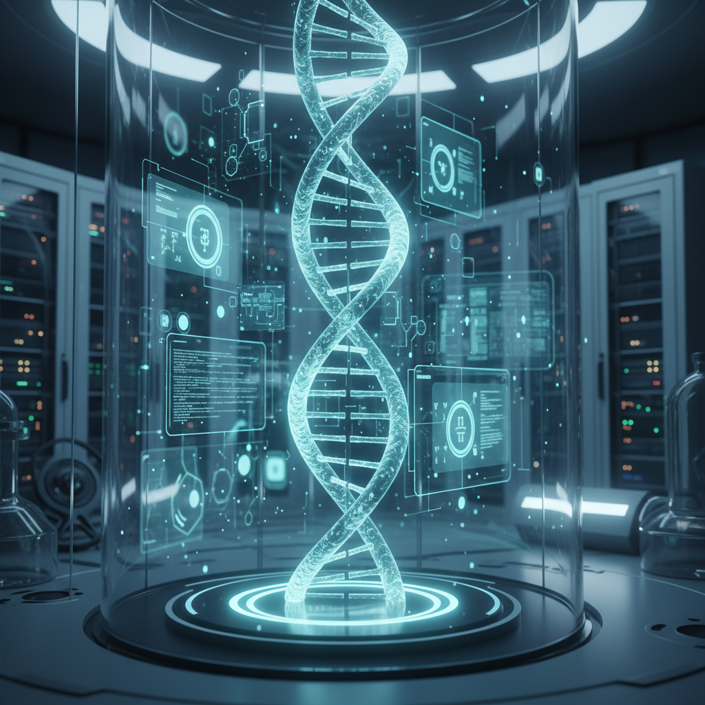Representación holográfica de una cadena de ADN dentro de un cilindro de cristal en un laboratorio de alta tecnología con servidores al fondo.