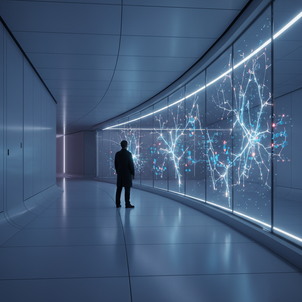 Persona observando una red de datos luminosa en un pasillo futurista de diseño minimalista.