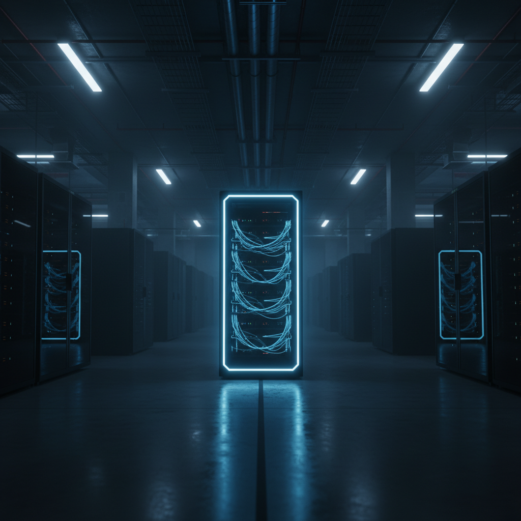 Servidor central iluminado con luces de neón azules en un centro de procesamiento de datos moderno.