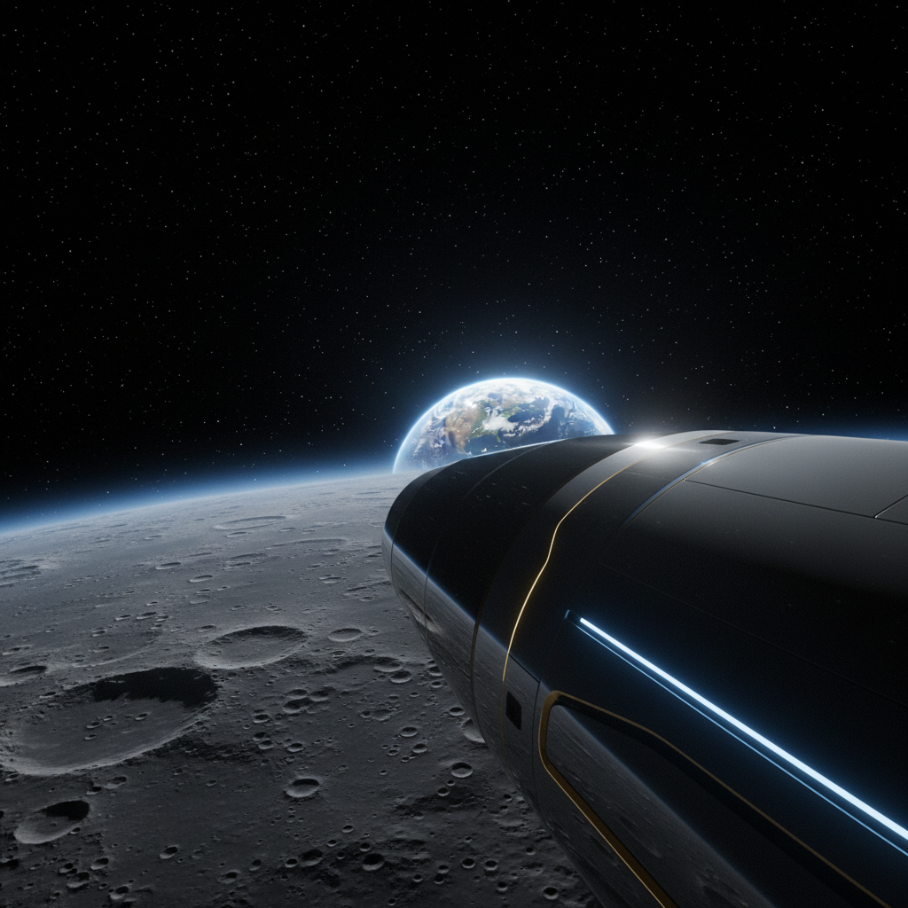 Nave espacial acercándose a la superficie lunar con la Tierra visible en el horizonte.