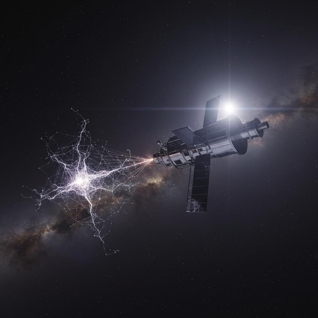 Un satélite en el espacio disparando un haz de energía hacia una red neuronal brillante que flota en el cosmos.