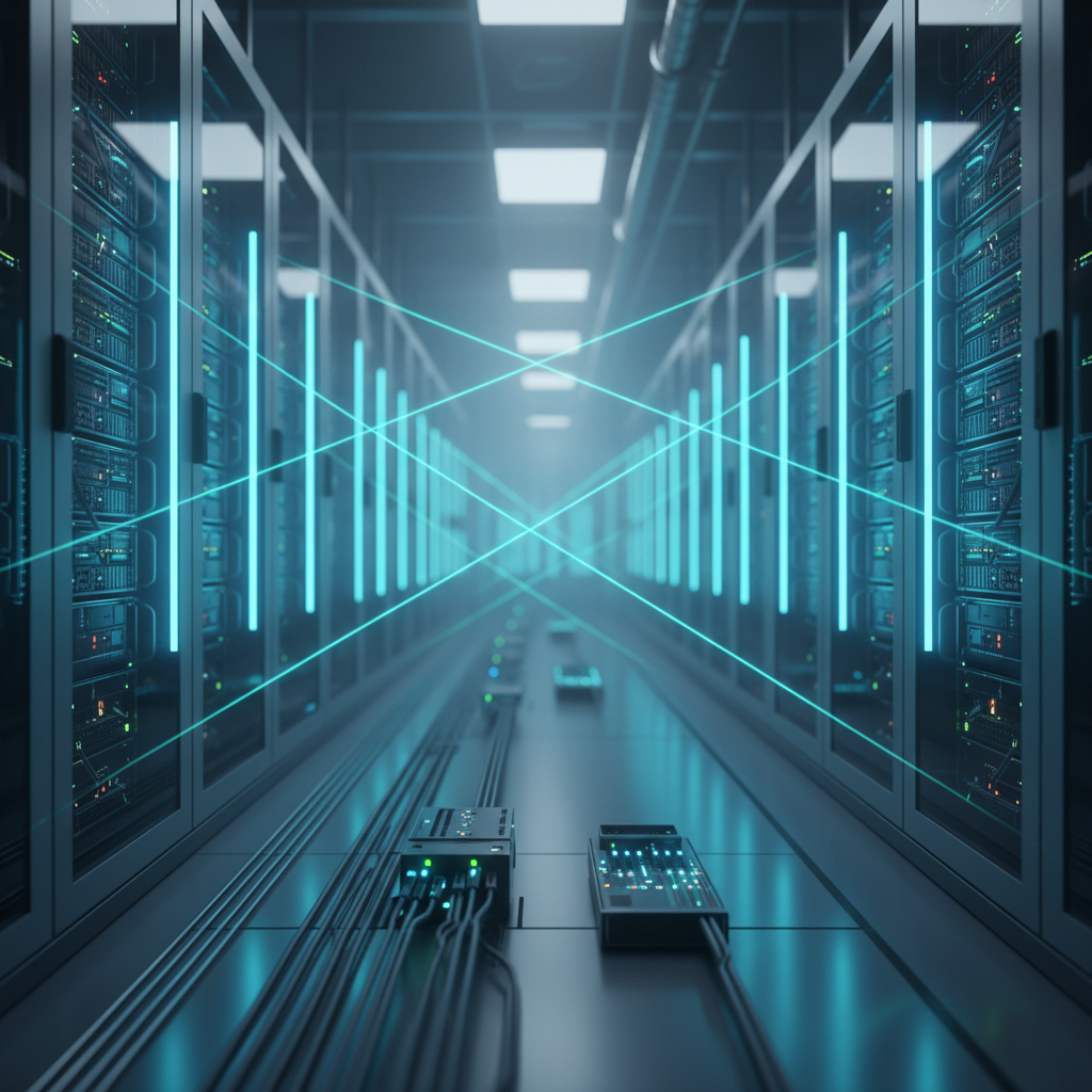 Pasillo de un centro de procesamiento de datos moderno con servidores alineados y haces de luz digital.