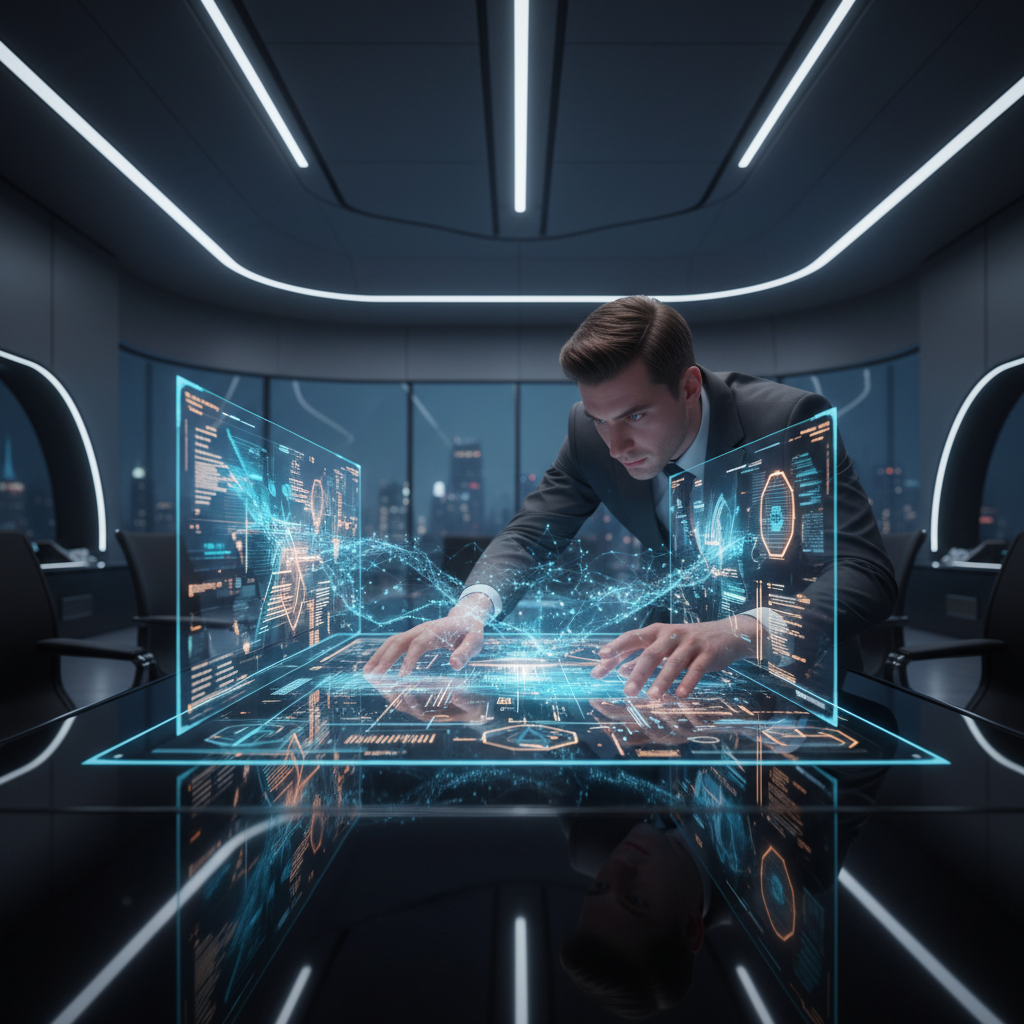 Empresario analizando datos y gráficos proyectados en una interfaz holográfica sobre una mesa de cristal en una oficina moderna.