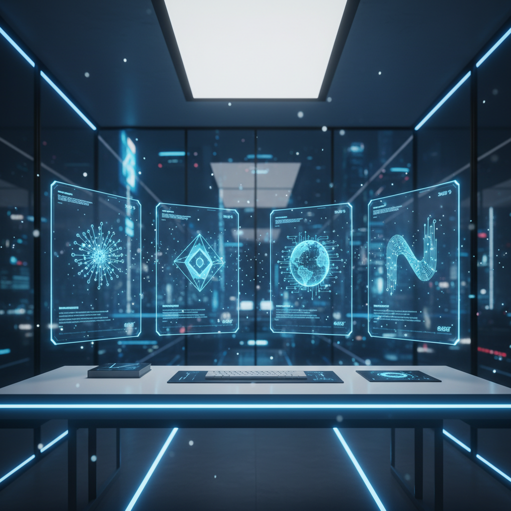 Escritorio de oficina futurista con cuatro pantallas holográficas que muestran datos técnicos y gráficos digitales en un entorno tecnológico oscuro.