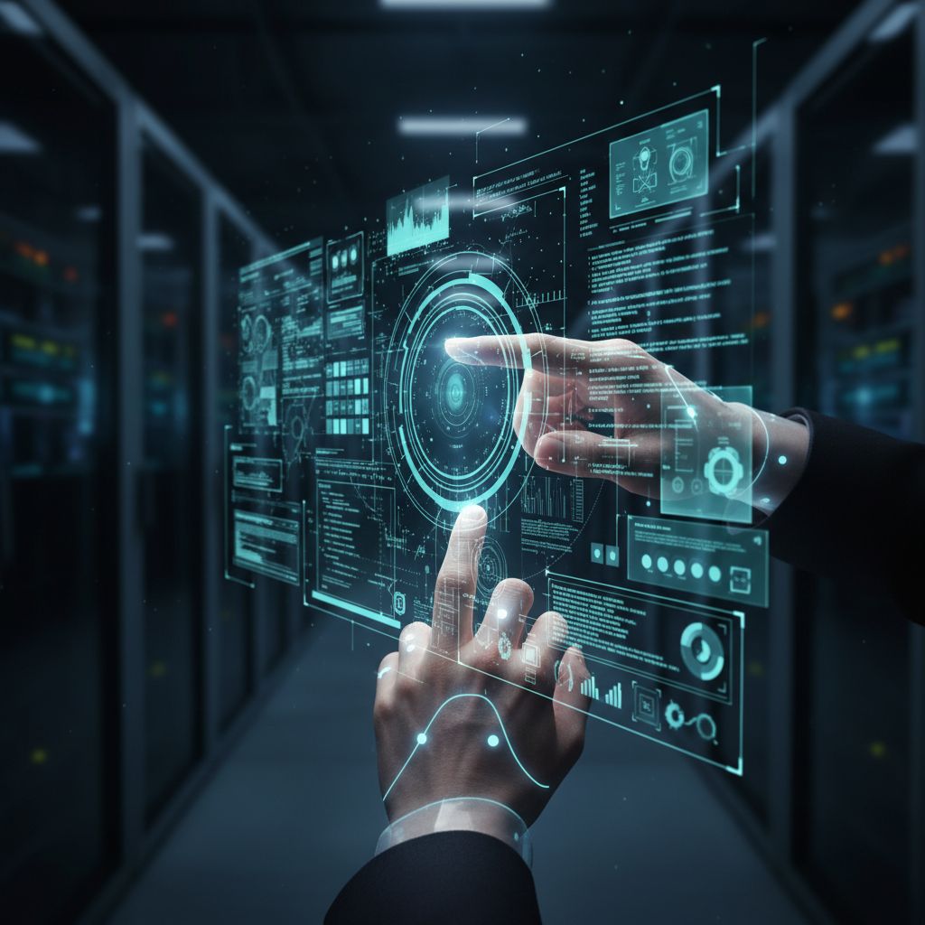 Persona interactuando con una interfaz holográfica digital en un centro de datos.