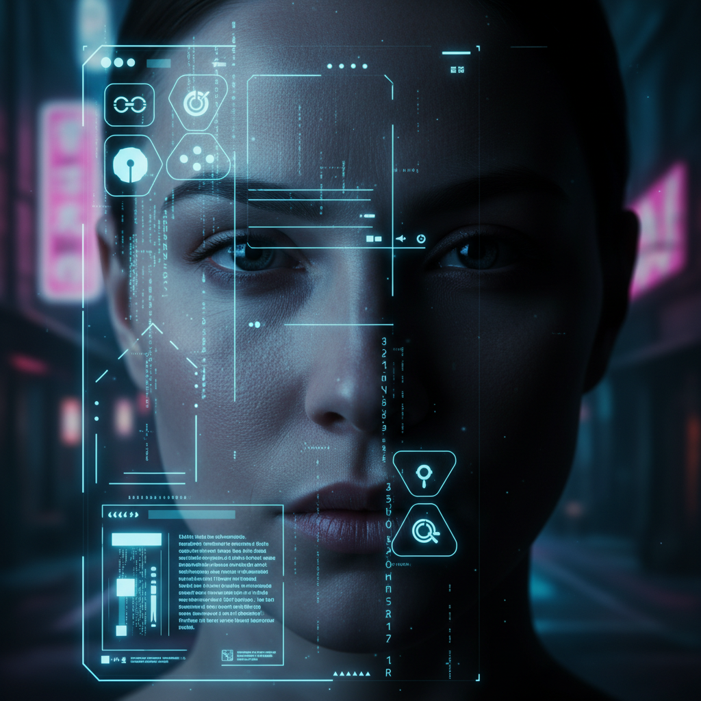 Primer plano del rostro de una mujer con una interfaz digital holográfica futurista superpuesta para análisis biométrico.