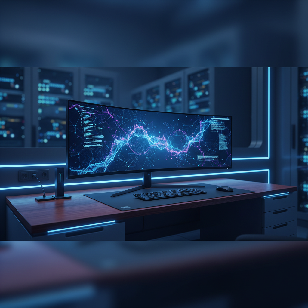 Monitor curvo ultra ancho en un escritorio de madera con fondo de centro de datos iluminado con luces LED azules.