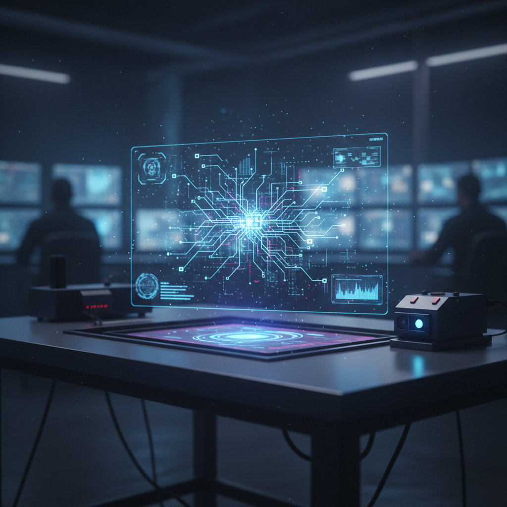 Interfaz holográfica con diagramas de circuitos y datos digitales sobre una mesa de trabajo en un centro de control.