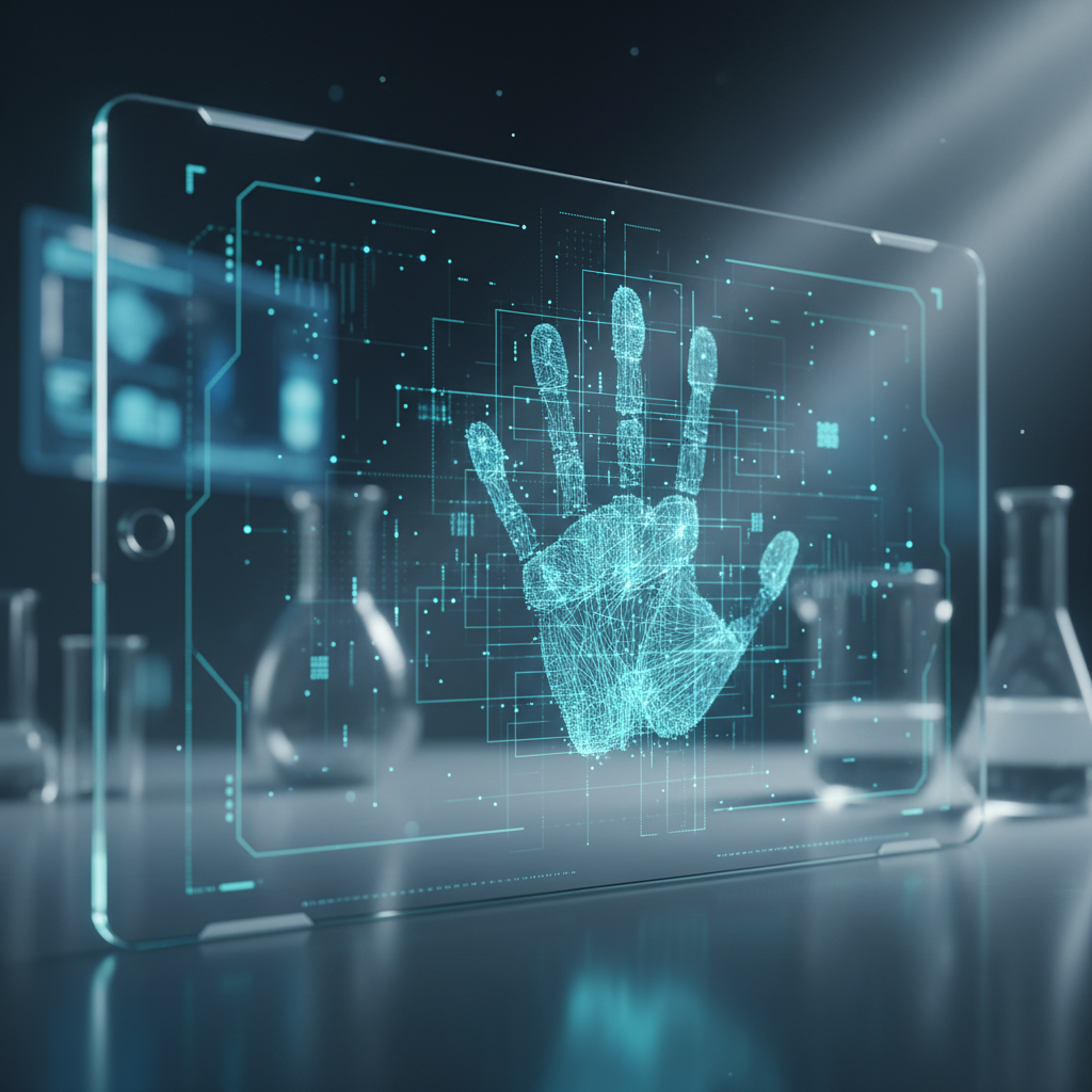Dispositivo tecnológico de pantalla transparente mostrando un escaneo digital de una mano humana con gráficos de datos en un entorno de laboratorio.