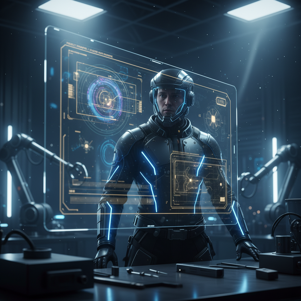 Técnico con casco futurista interactuando con una interfaz holográfica en un laboratorio de robótica avanzado.