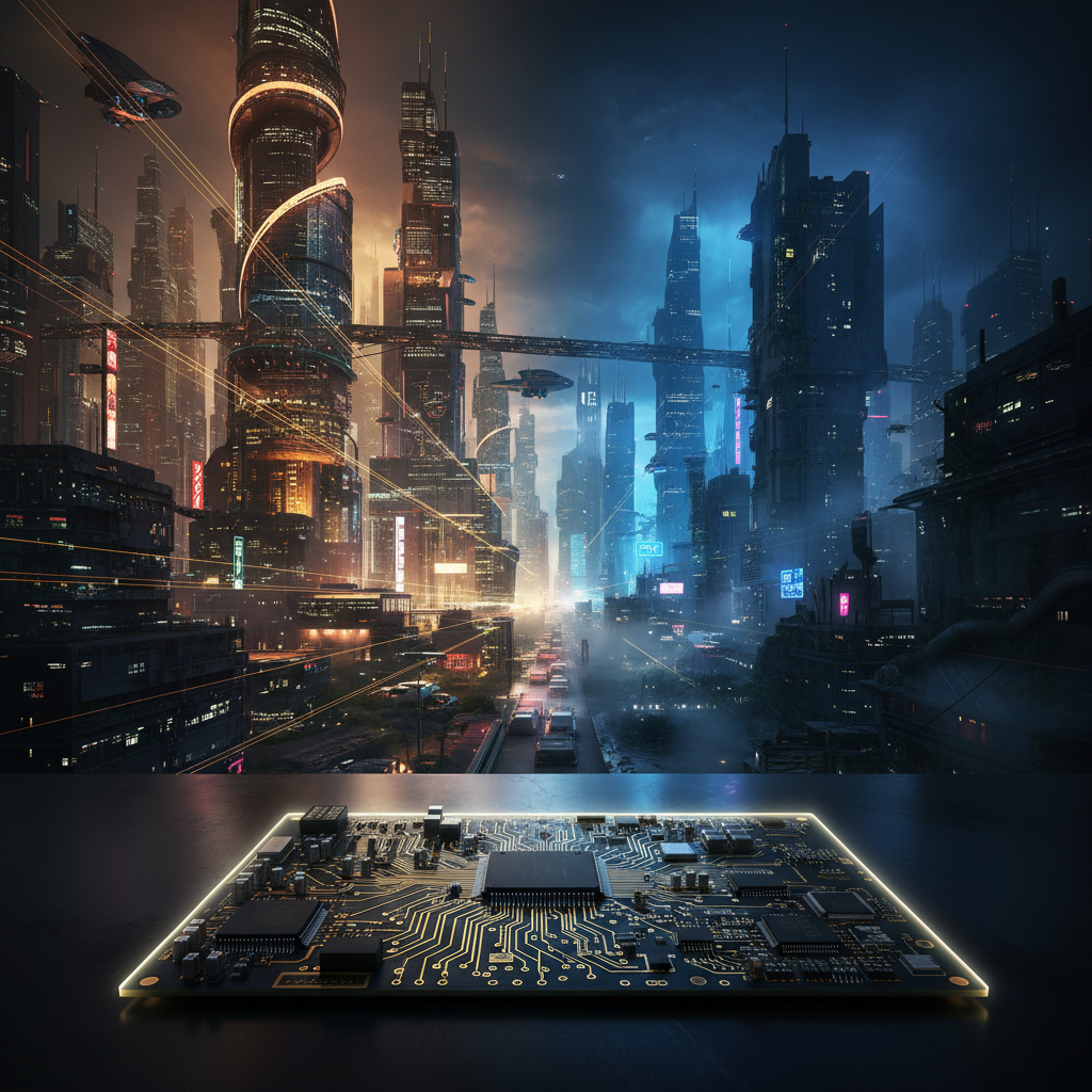Un circuito integrado brillante sobre una superficie oscura frente a una metrópolis futurista con rascacielos y vehículos voladores.