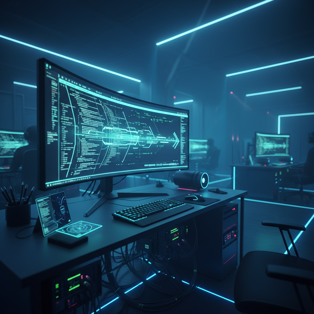 Estación de trabajo de programador con monitor curvo, código y gráficos en un entorno de oficina futurista con iluminación LED azul.