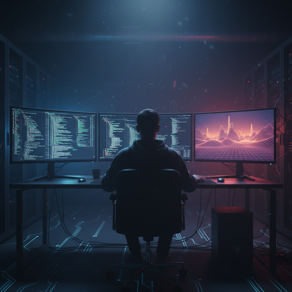 Programador trabajando frente a tres monitores en un centro de datos con código fuente y gráficos digitales.