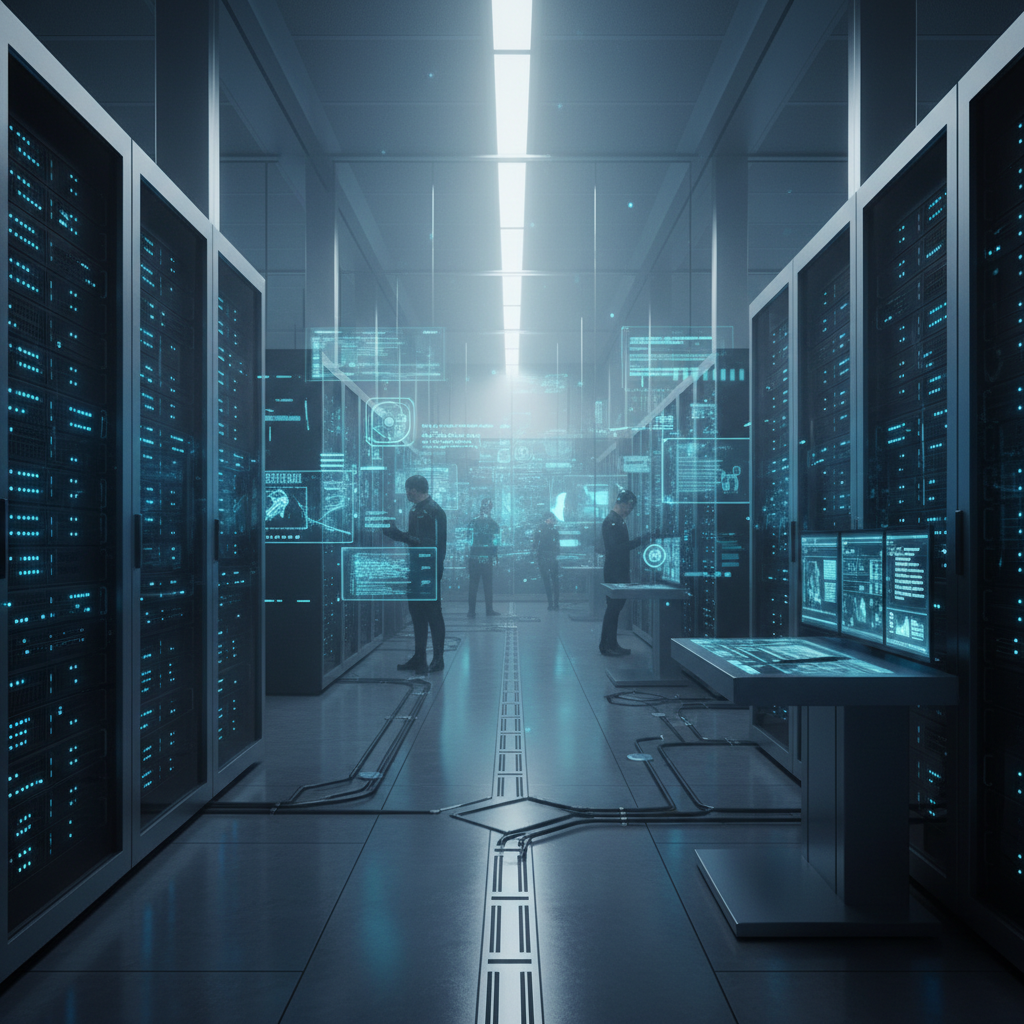 Centro de procesamiento de datos con servidores, técnicos trabajando y paneles de información holográficos digitales.