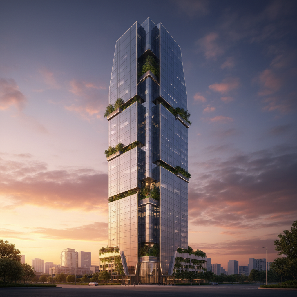 Rascacielos moderno de cristal con jardines verticales integrados en la fachada al atardecer.