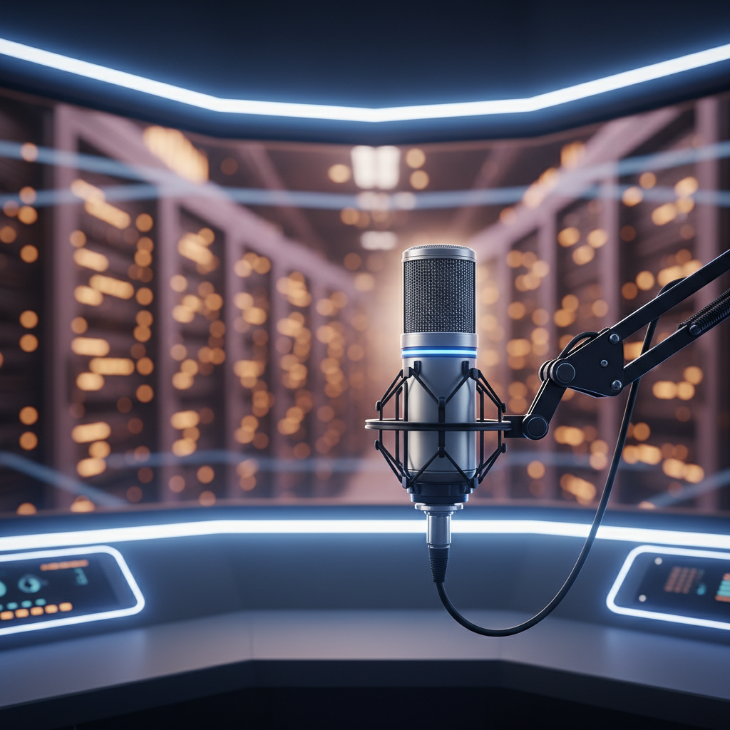 Micrófono de estudio profesional sobre brazo articulado frente a un centro de datos con luces LED.