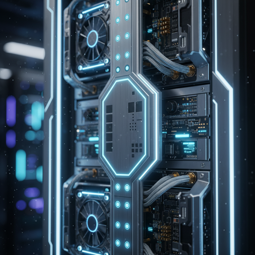 Servidor informático de alto rendimiento con luces LED azules, componentes electrónicos y sistemas de refrigeración.