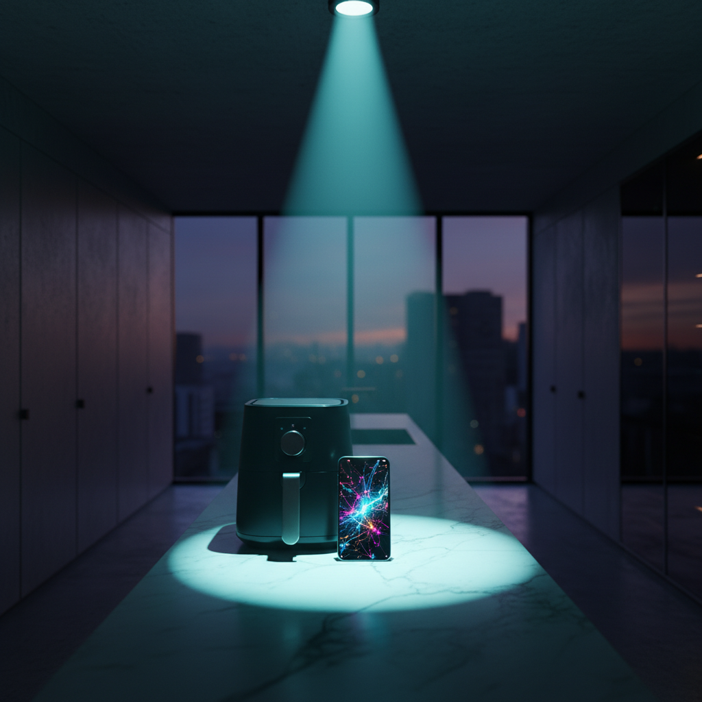 Una freidora de aire y un teléfono inteligente con pantalla de red neuronal iluminados por un foco cenital sobre una encimera de cocina moderna.