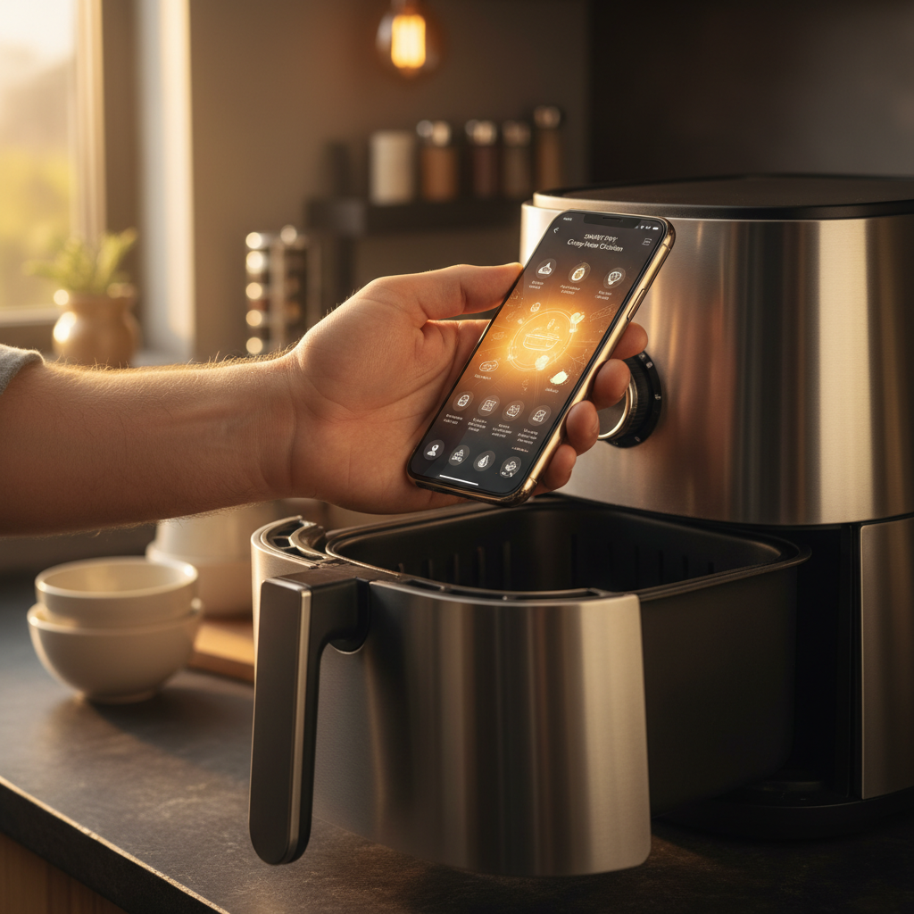 Persona sosteniendo un teléfono inteligente frente a una freidora de aire de acero inoxidable en una cocina.