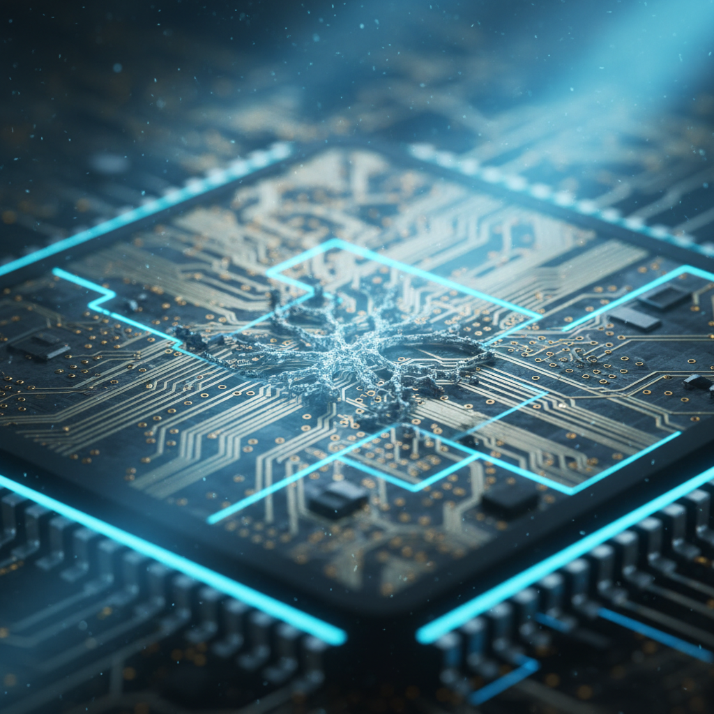 Primer plano de un microprocesador con circuitos integrados y una estructura orgánica brillante en el centro sobre fondo azul.