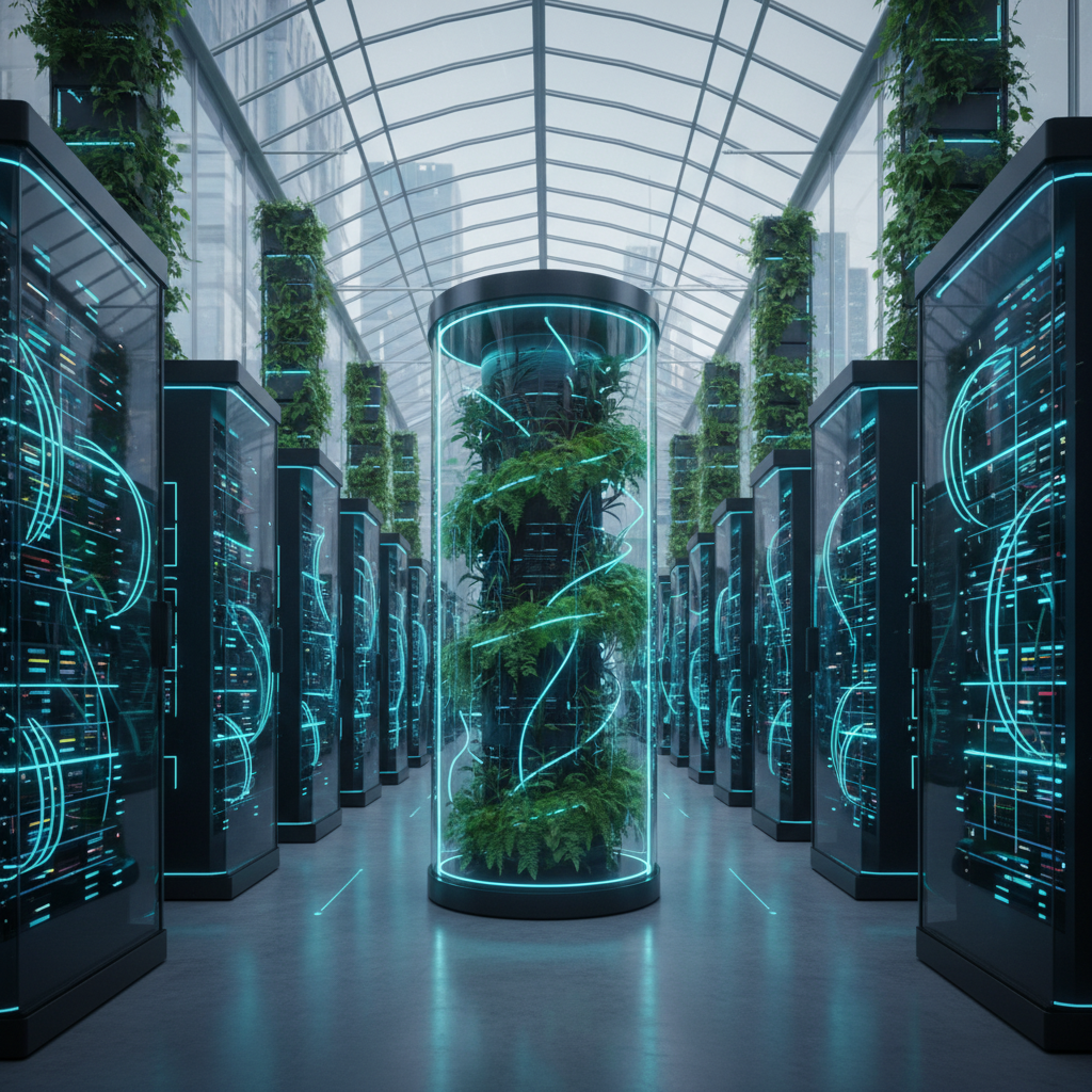 Centro de datos ecológico con servidores de alta tecnología integrados con vegetación y estructuras de vidrio bajo un techo acristalado.
