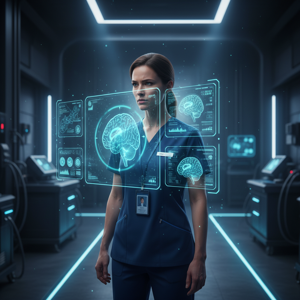 Profesional de la salud analizando proyecciones holográficas detalladas de un cerebro humano en un laboratorio médico de alta tecnología.
