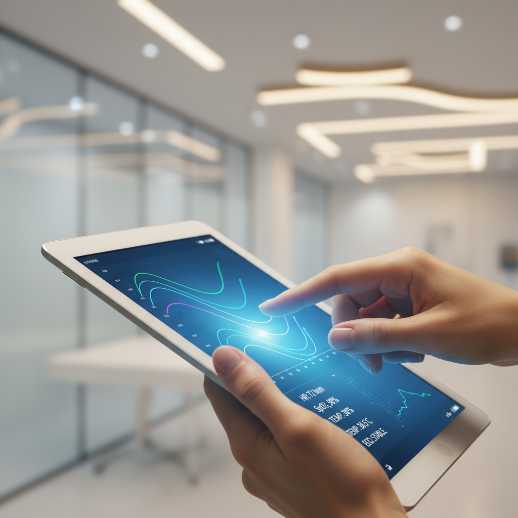 Persona sosteniendo una tablet con gráficos de constantes vitales en un entorno clínico.