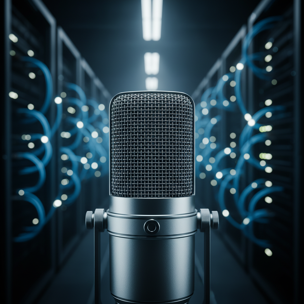 Micrófono de estudio profesional posicionado frente a servidores informáticos con cables azules en un centro de datos.