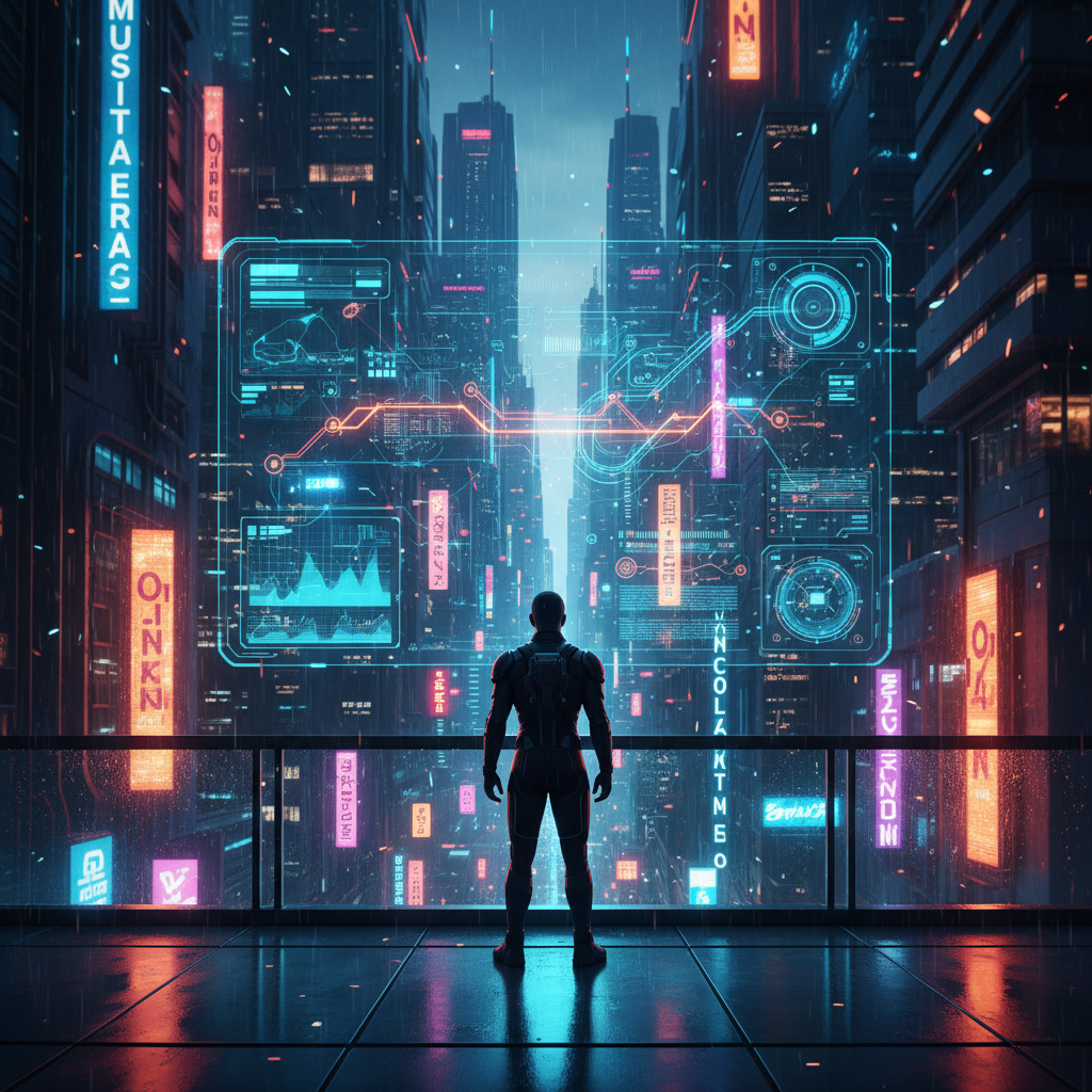 Silueta de una persona frente a un panel holográfico con datos y gráficos en una ciudad futurista con luces de neón.