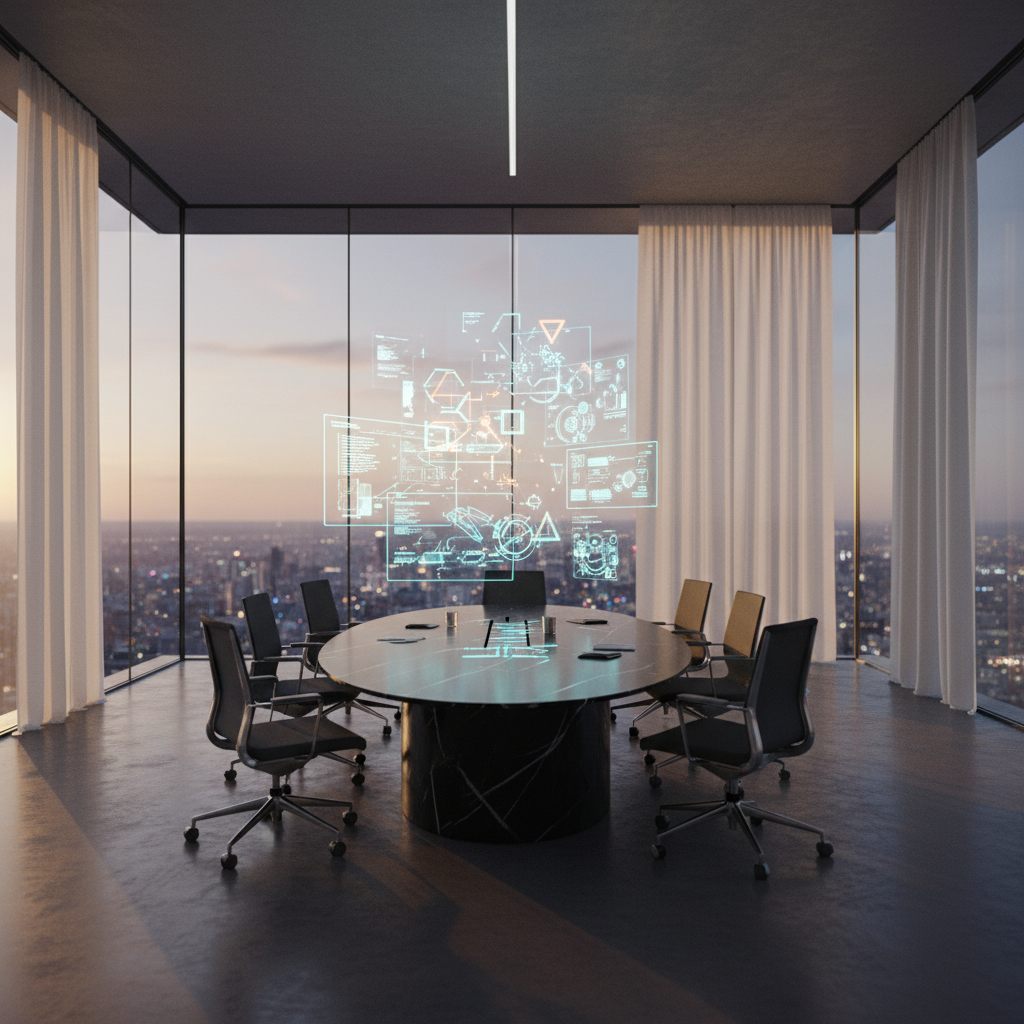 Sala de juntas moderna con mesa de mármol y proyección de gráficos digitales holográficos con vistas a la ciudad al atardecer.