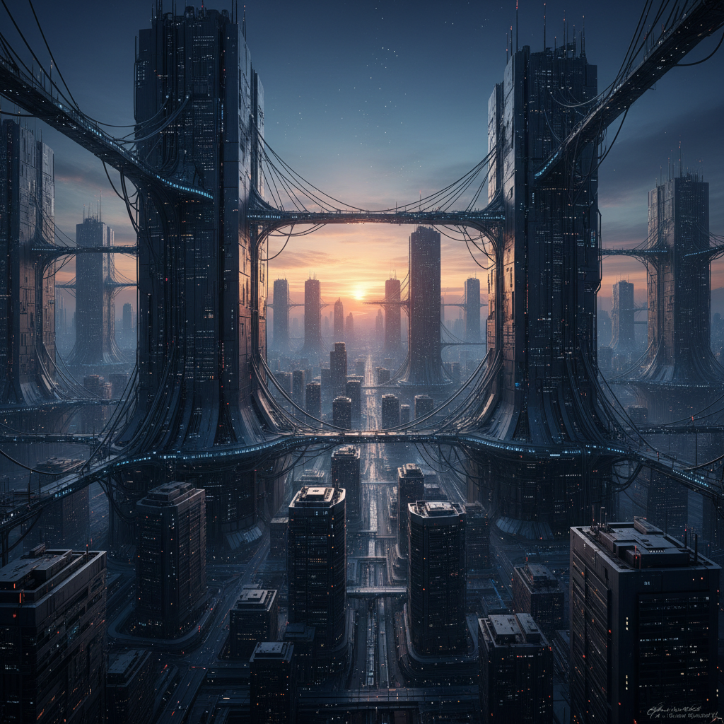 Paisaje urbano futurista con grandes torres conectadas por puentes durante un atardecer.