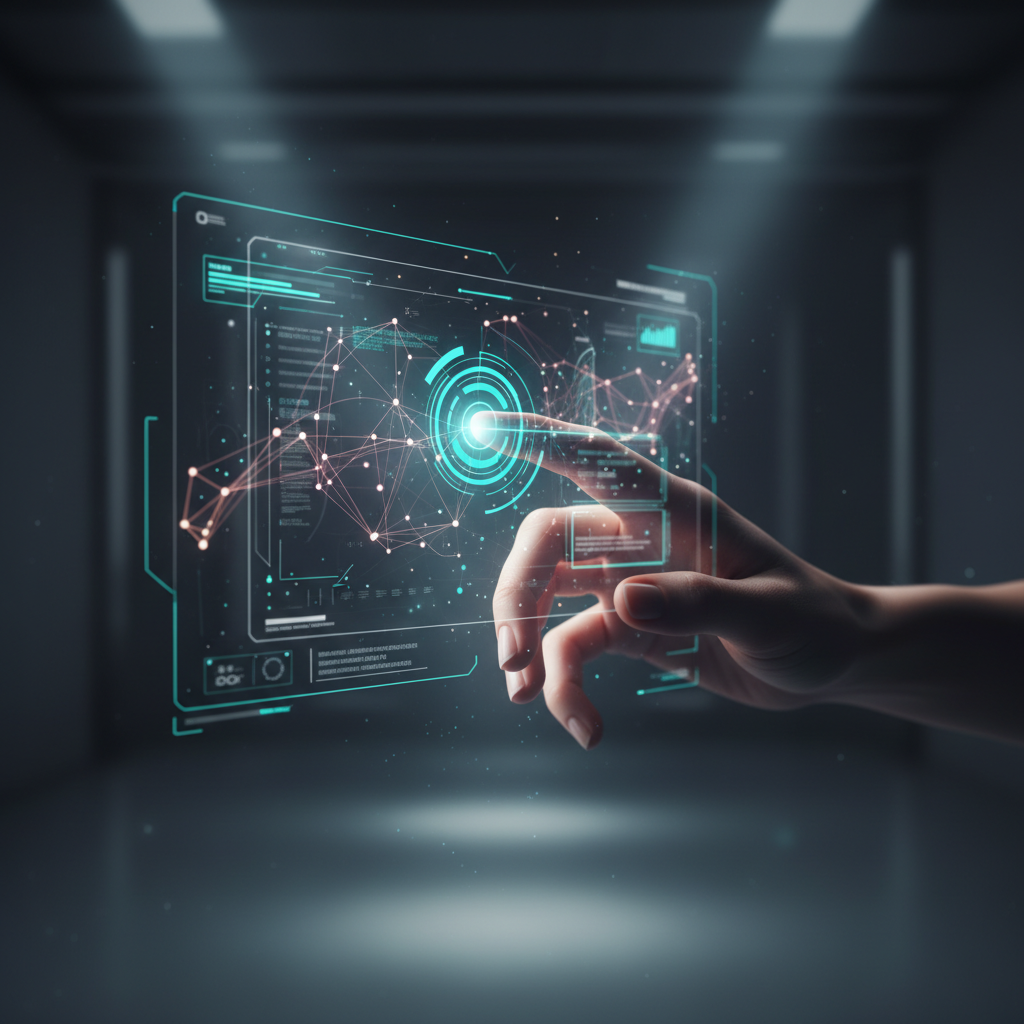 Mano humana interactuando con una interfaz holográfica digital que muestra nodos y conexiones de red.