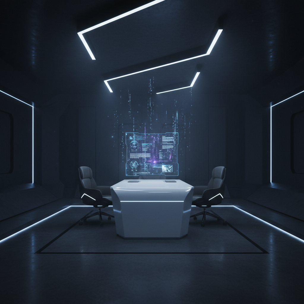 Sala de juntas futurista con una mesa blanca, dos sillas negras y una pantalla holográfica con datos digitales flotando en el centro.