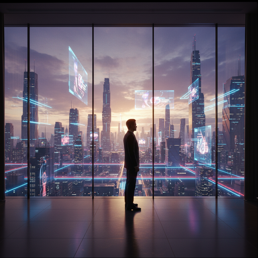 Hombre de negocios silueteado frente a un ventanal observando una ciudad futurista al atardecer con gráficos digitales proyectados.