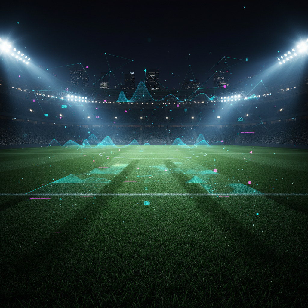 Campo de fútbol profesional iluminado de noche con superposición de gráficos de datos digitales y redes de conexión.