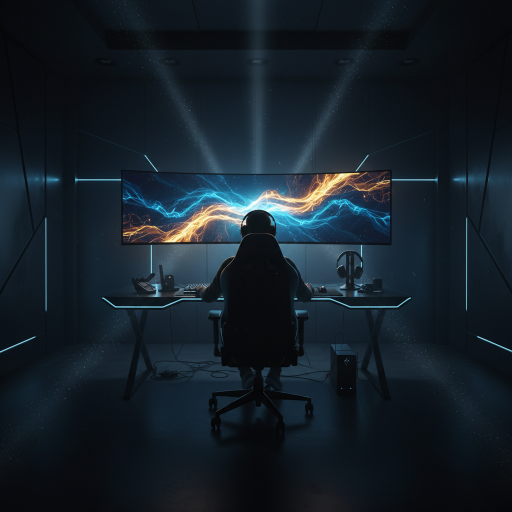 Persona sentada frente a un monitor curvo ultra ancho con gráficos de energía abstractos en una sala de juegos con iluminación ambiental azul.