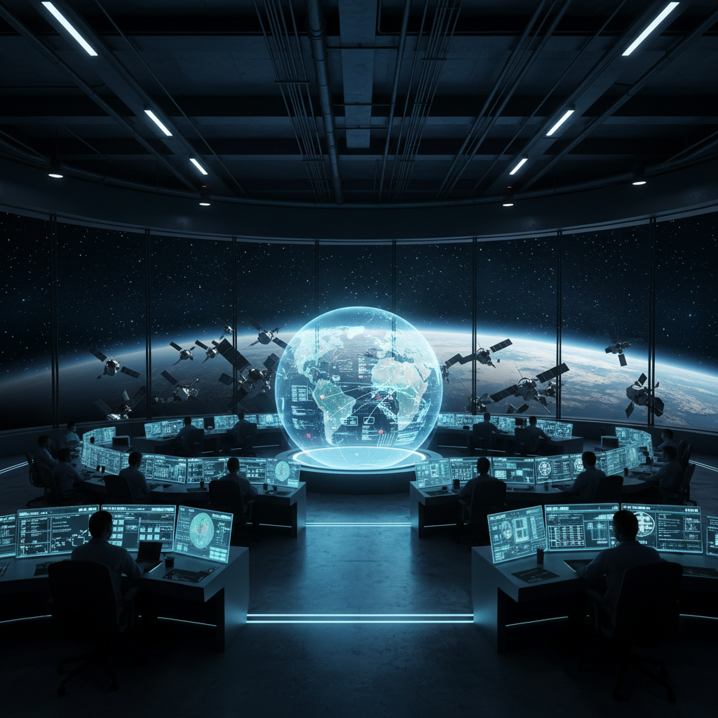 Centro de control futurista con operadores trabajando frente a pantallas holográficas y una proyección 3D del mundo rodeada de satélites con vistas al espacio.