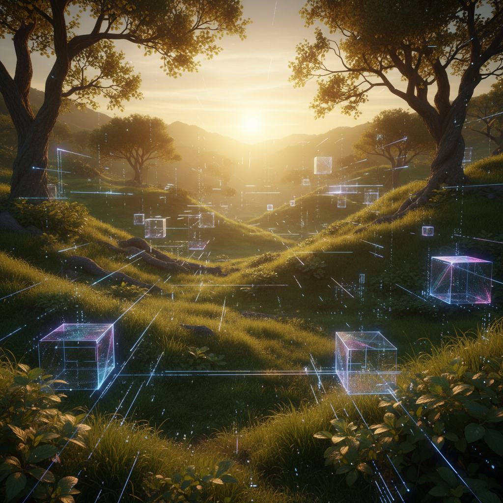 Paisaje natural con colinas verdes, árboles y cubos geométricos brillantes interconectados por líneas de datos digitales.