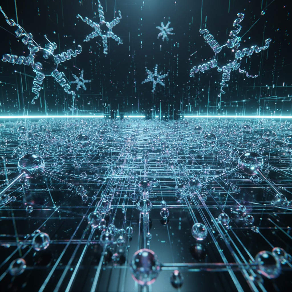 Representación digital de redes neuronales y estructuras moleculares brillantes flotando sobre una cuadrícula tecnológica luminosa.
