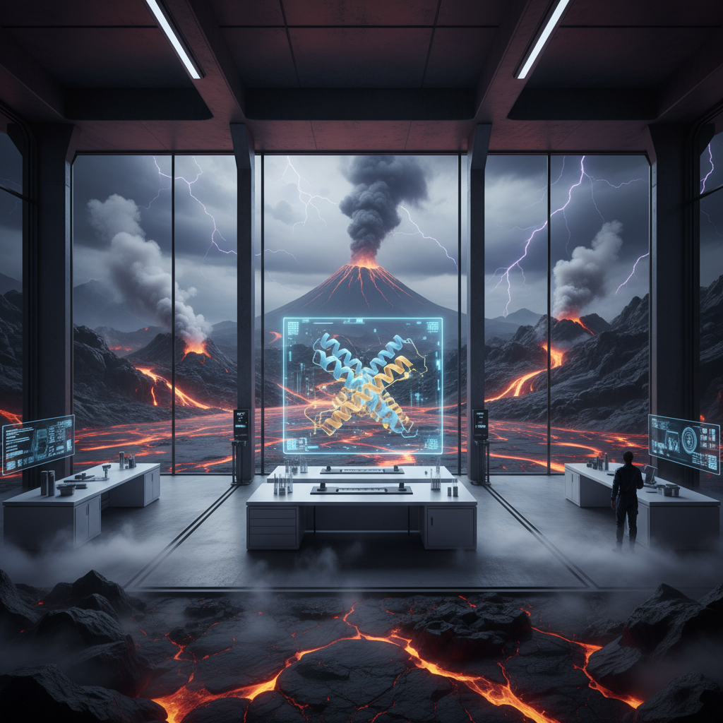 Laboratorio futurista con tecnología de visualización de estructuras moleculares ubicado frente a un paisaje volcánico en erupción con rayos y lava.