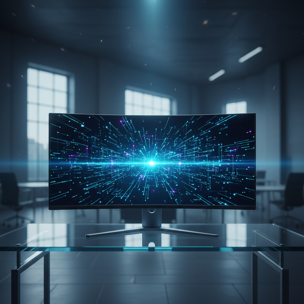 Monitor curvo sobre un escritorio de cristal en una oficina moderna mostrando una visualización de red de datos digital.