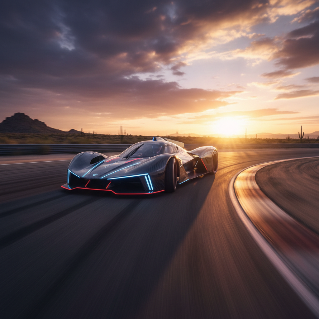 Coche deportivo futurista de fibra de carbono circulando a alta velocidad en una pista de carreras durante el atardecer.