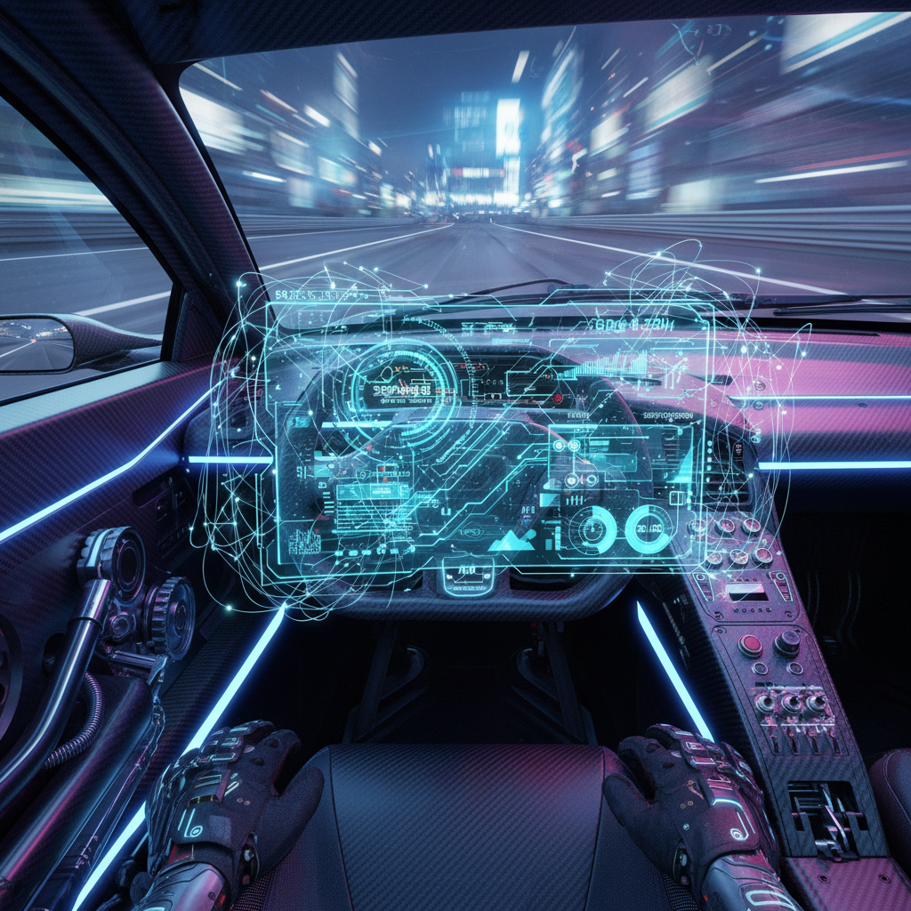 Interior de un coche futurista con manos al volante y una interfaz holográfica digital proyectada sobre el salpicadero mientras conduce a alta velocidad por una ciudad nocturna.