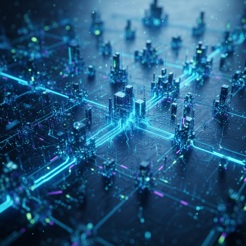 Representación digital de una infraestructura de red tecnológica con circuitos integrados y estructuras tridimensionales iluminadas con líneas de datos azules sobre una placa base.
